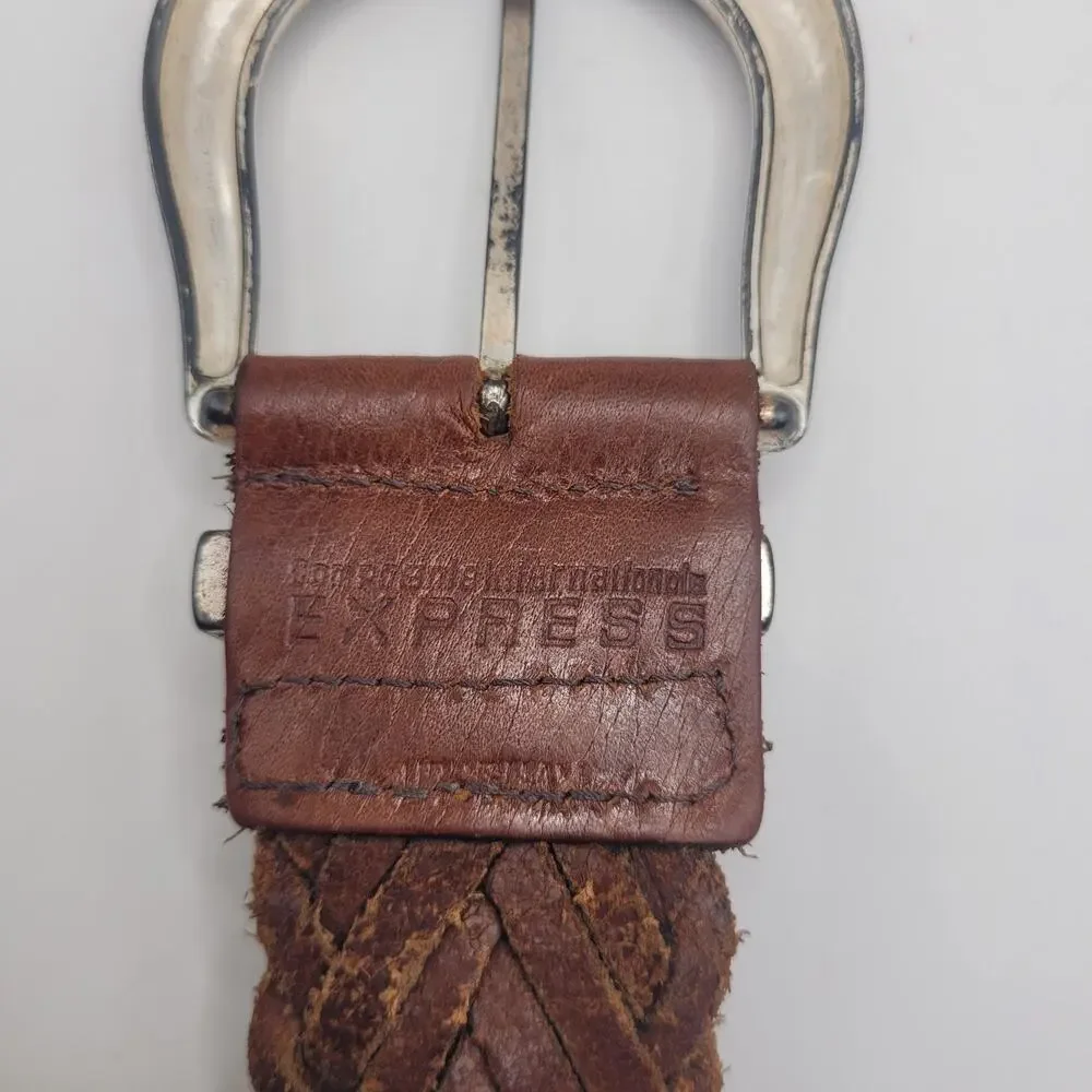 Vintage Express Belt Large Brown Braided Woven Leather Wide Waist Western Boho